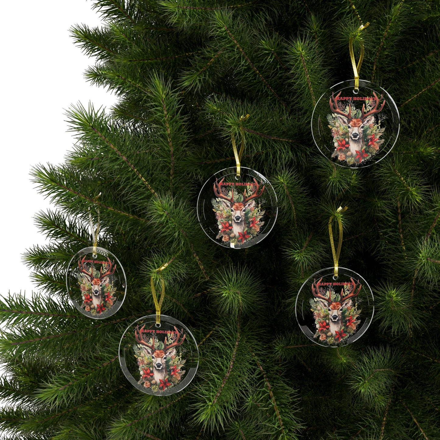 Happy Holidays Deer Glass Ornaments 2025